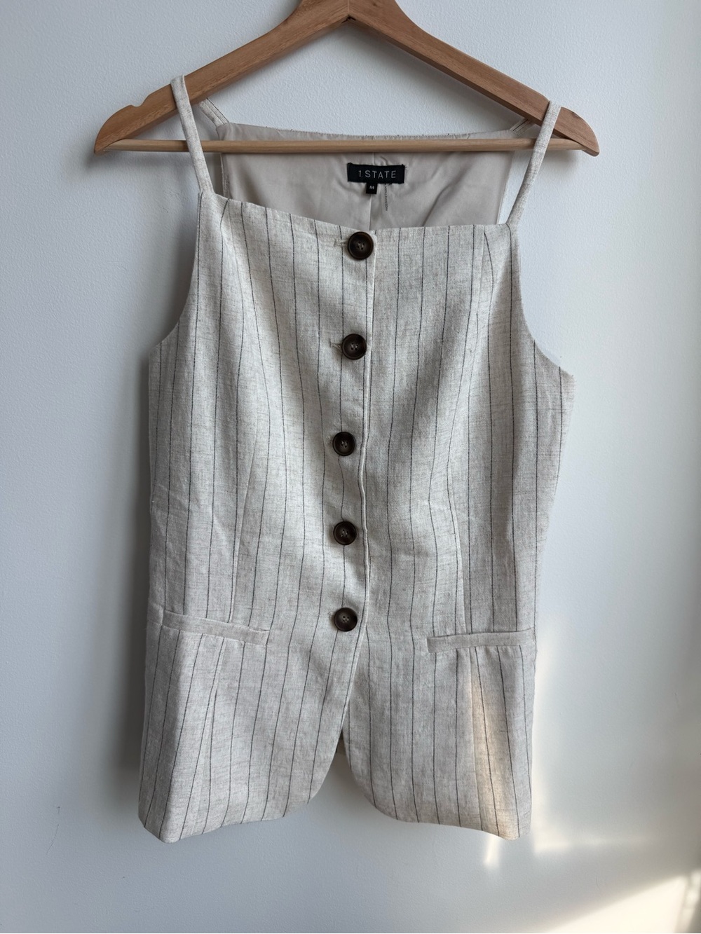 1.STATE Cream Linen-Blend Striped Long Vest with Tortoiseshell Button